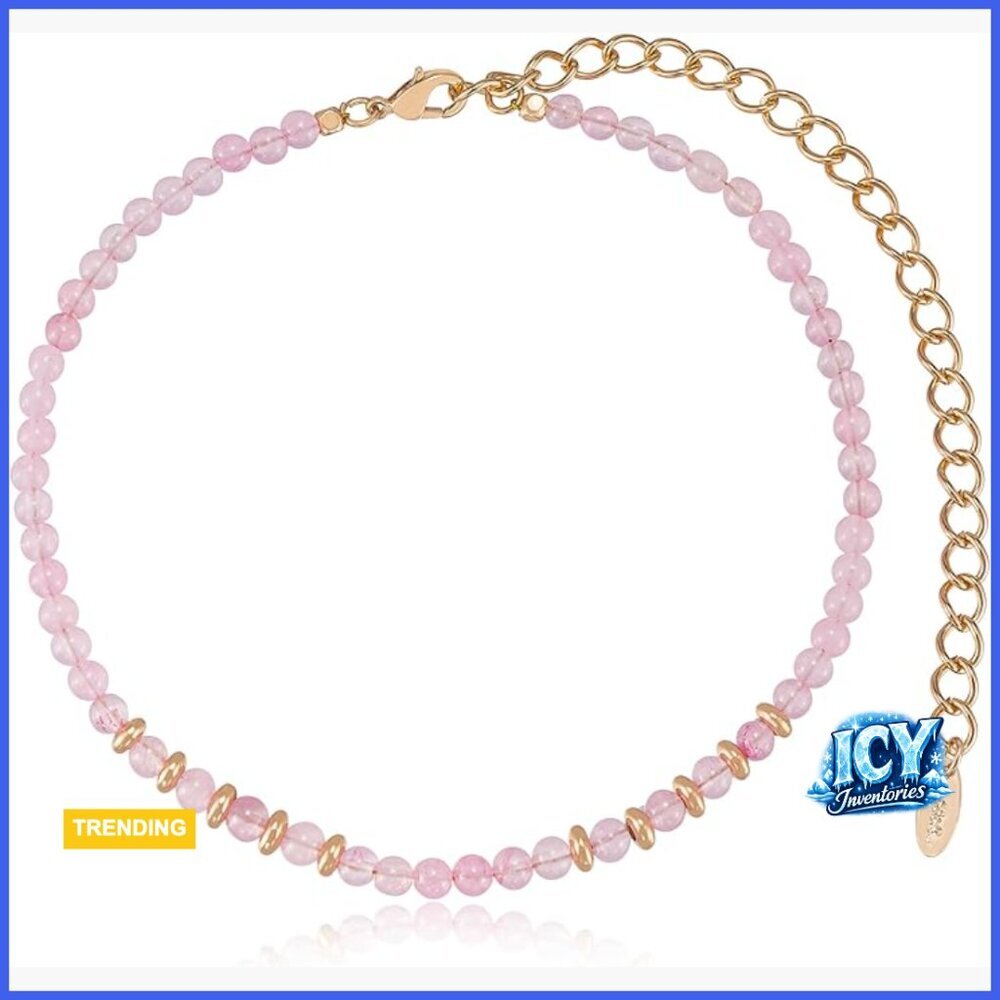 18K Gold Plated Rose Quartz Beaded Choker Necklace with Extender